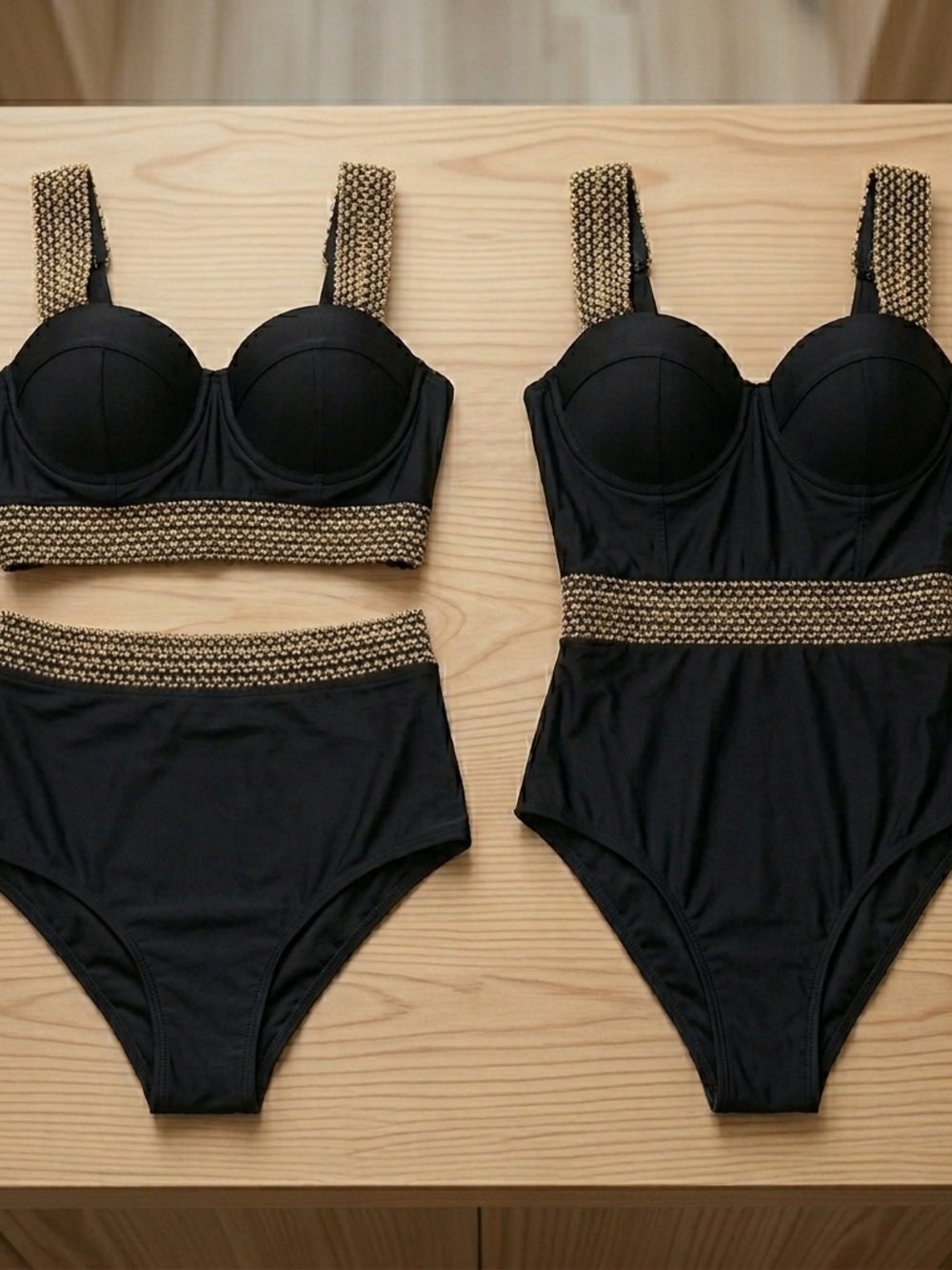 SHEIN Black One-Piece Swimsuit with Gold Trim Bathing Suit Bundle